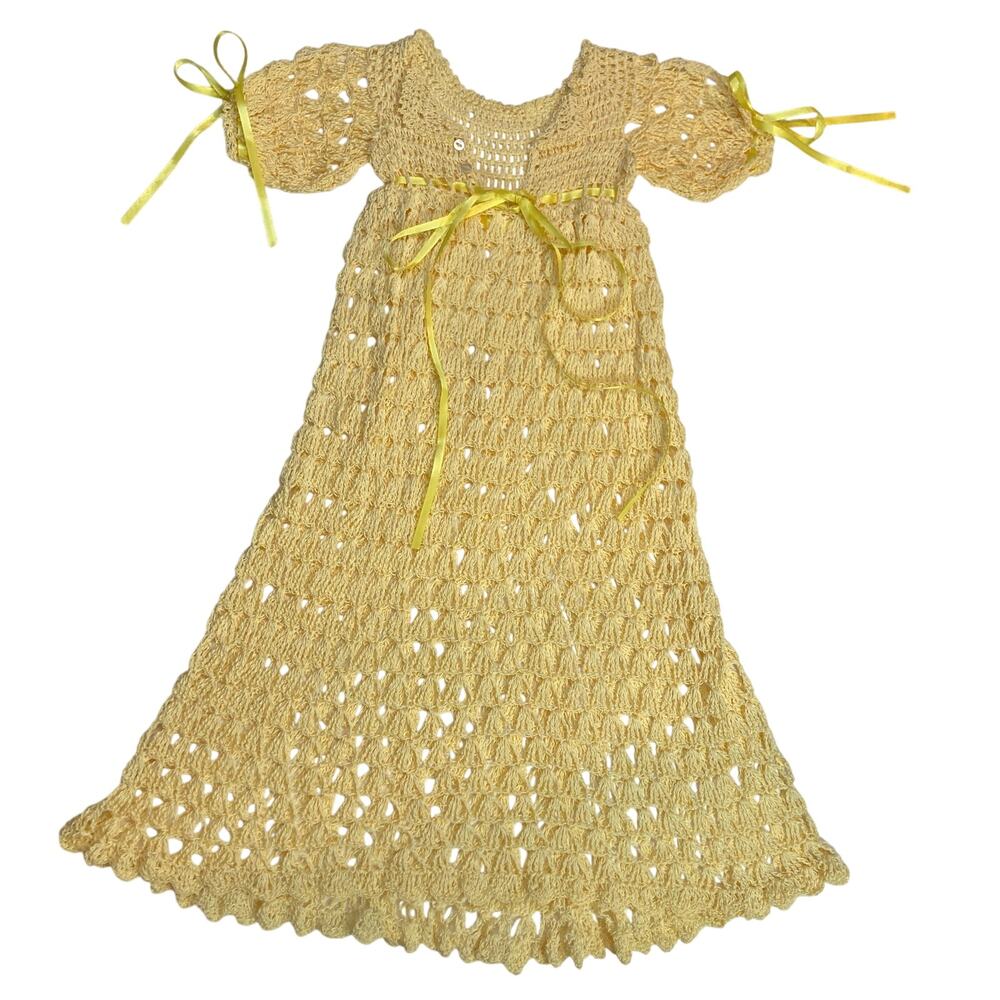 Yellow Handmade Crochet Lace Ribbon Bow Button Christening Gown Formal Dress